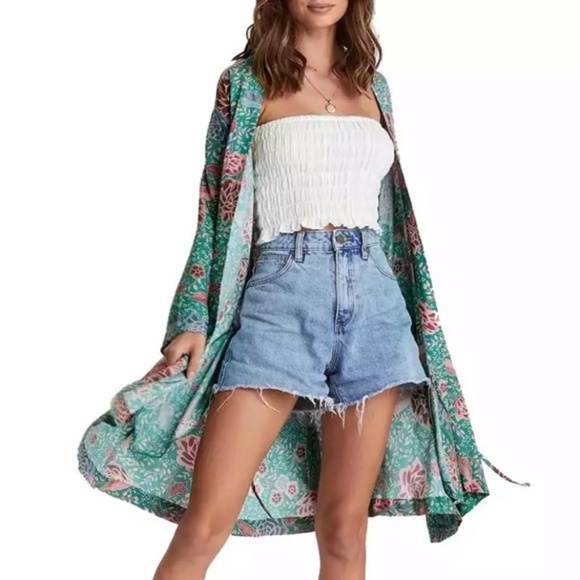Teal Boho Floral Short Kimono Wrap Coverup Robe - Picture 5 of 15